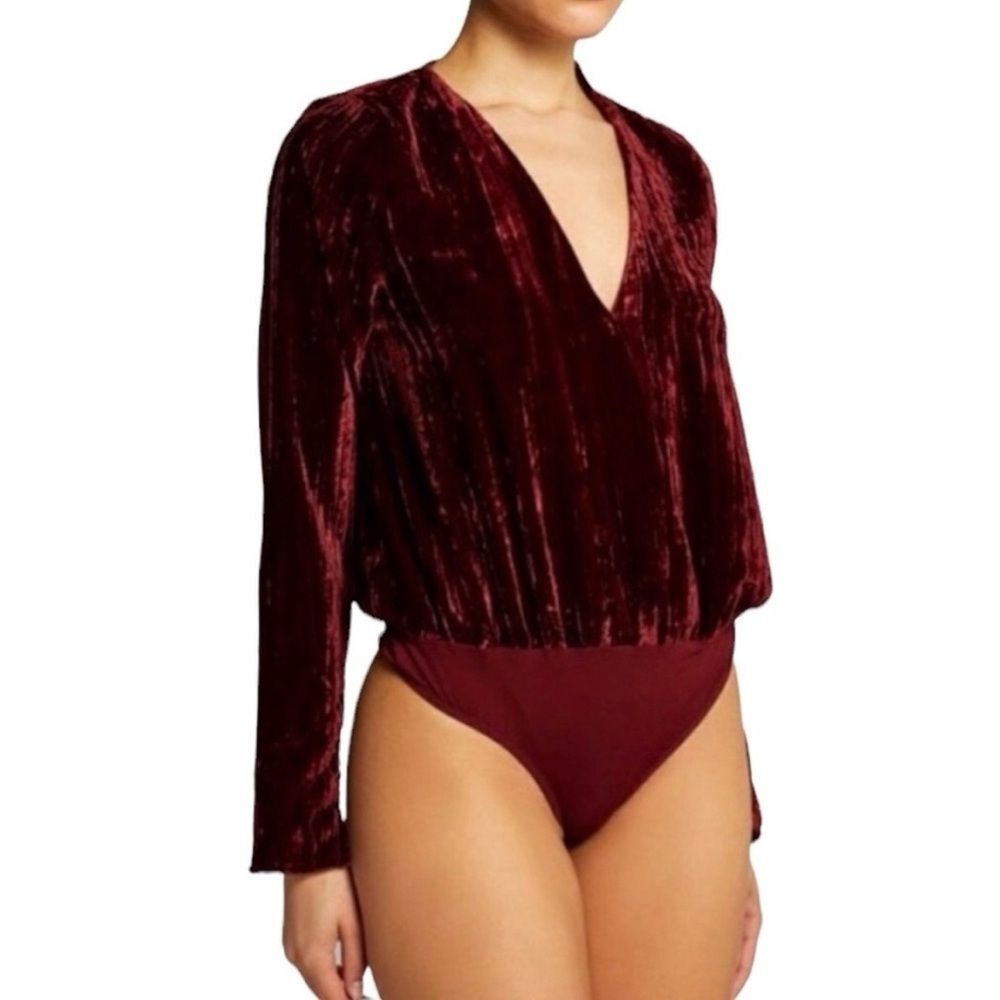 GOOD AMERICAN Burgundy Velvet Long Sleeve Wrap Bodysuit Sz 2